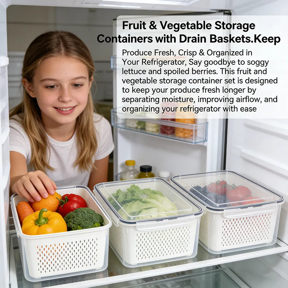 🥬 Fruit & Vegetable Storage Containers with Drain Baskets