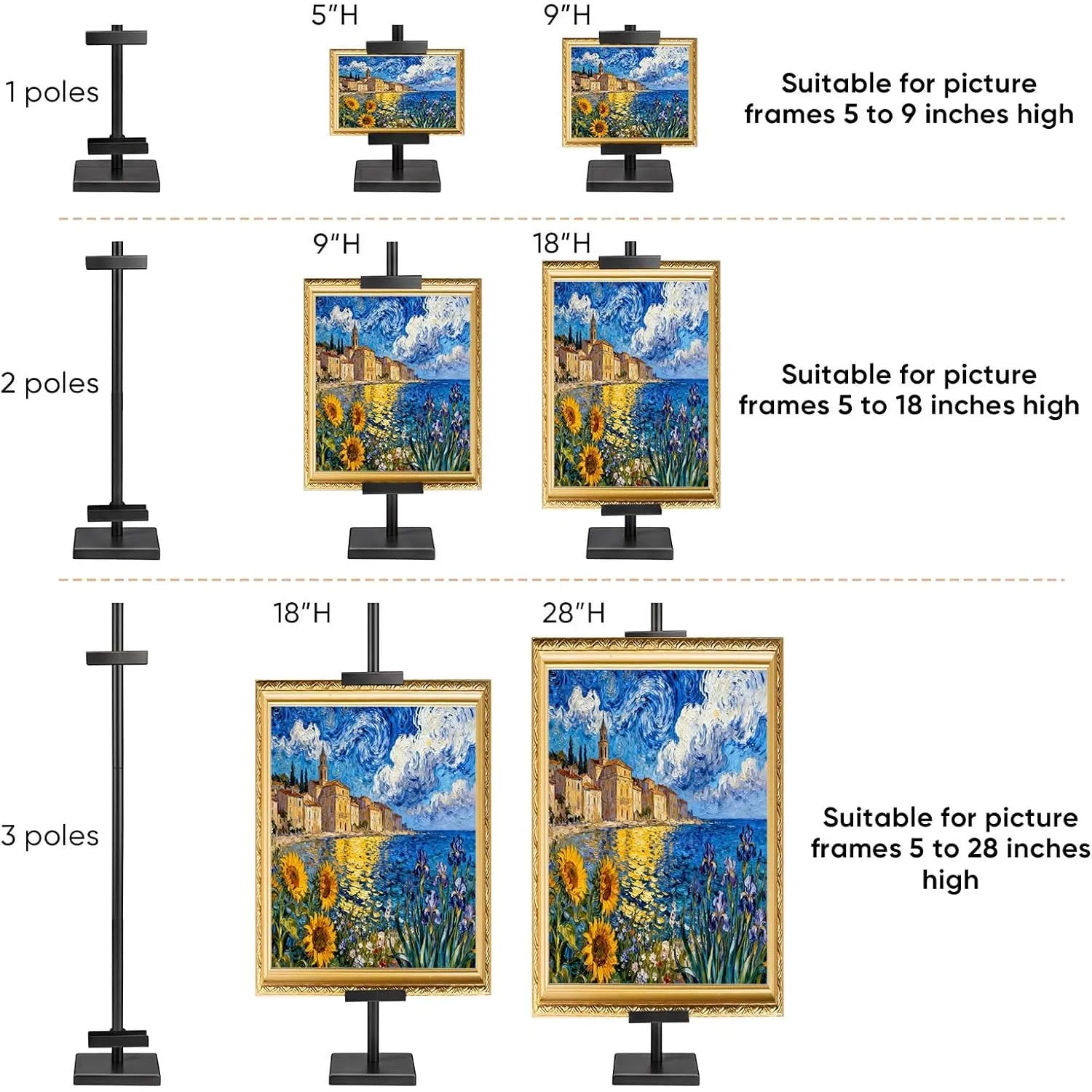 Frame-height guide using one, two, or three pole sections