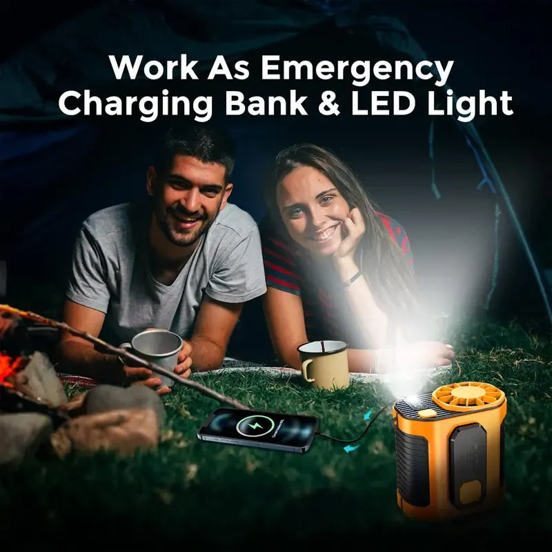 4-in-1 Wearable Waist Fan with Power Bank & LED Light – Hands-Free Cooling for Outdoor Work, Camping & Travel