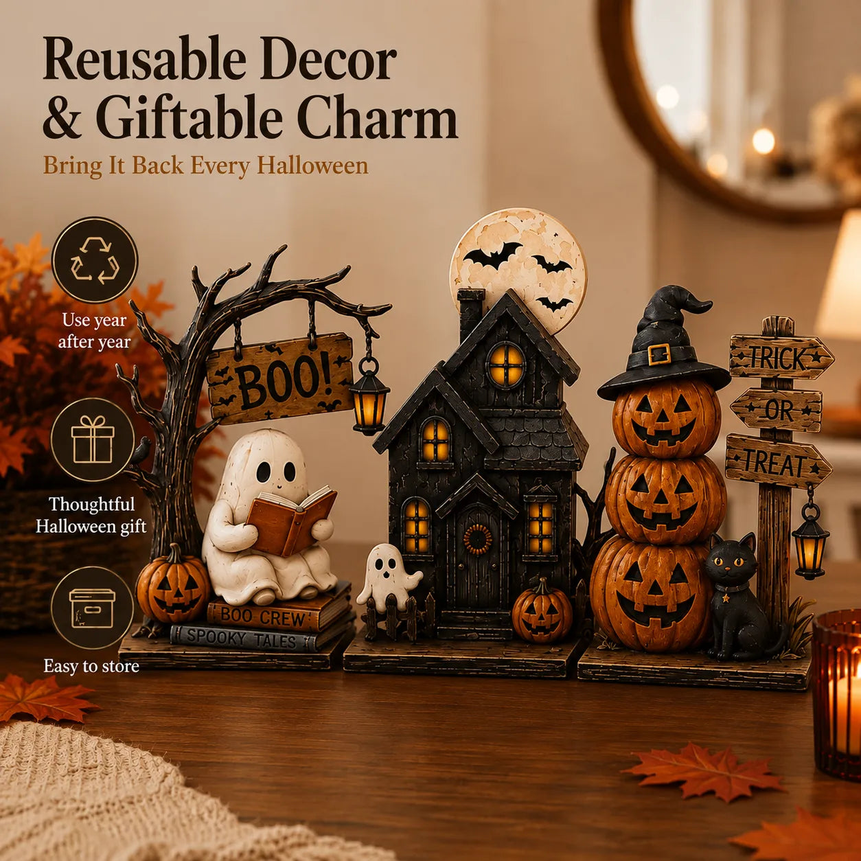 3-Piece Wooden Halloween Tabletop Figurine Set