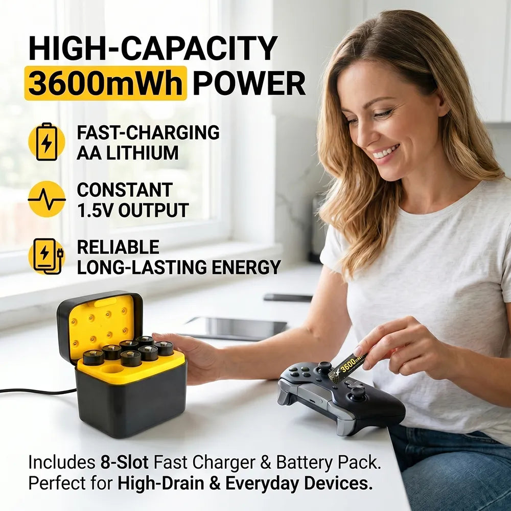🔋 Rechargeable AA Lithium Battery Pack with Fast Charger