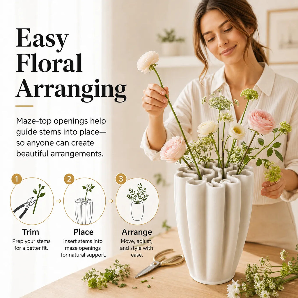 🌸Hand-Fired Ceramic Vase – Sculptural Maze-Top Flower Holder with Organic Texture