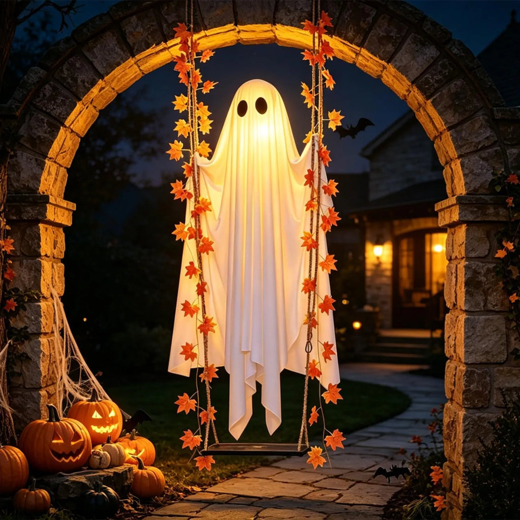 Light-Up Swinging Ghost with Maple Leaves & Remote-Controlled LED
