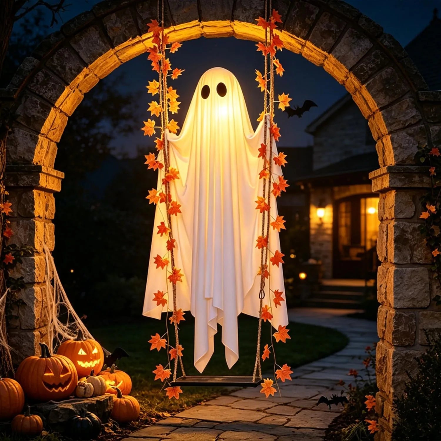 Light-Up Swinging Ghost with Maple Leaves & Remote-Controlled LED