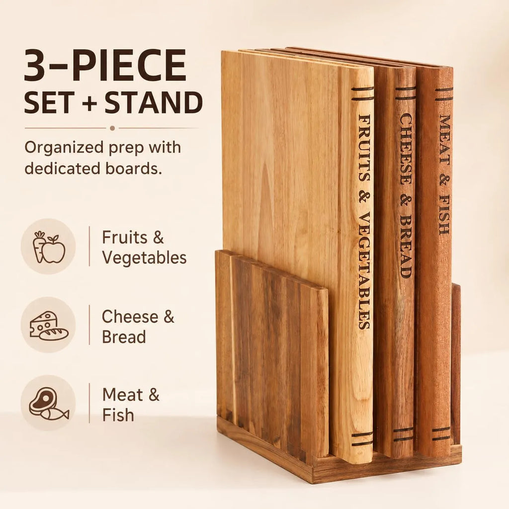Book-Style Solid Wood Cutting Board Set with Stand