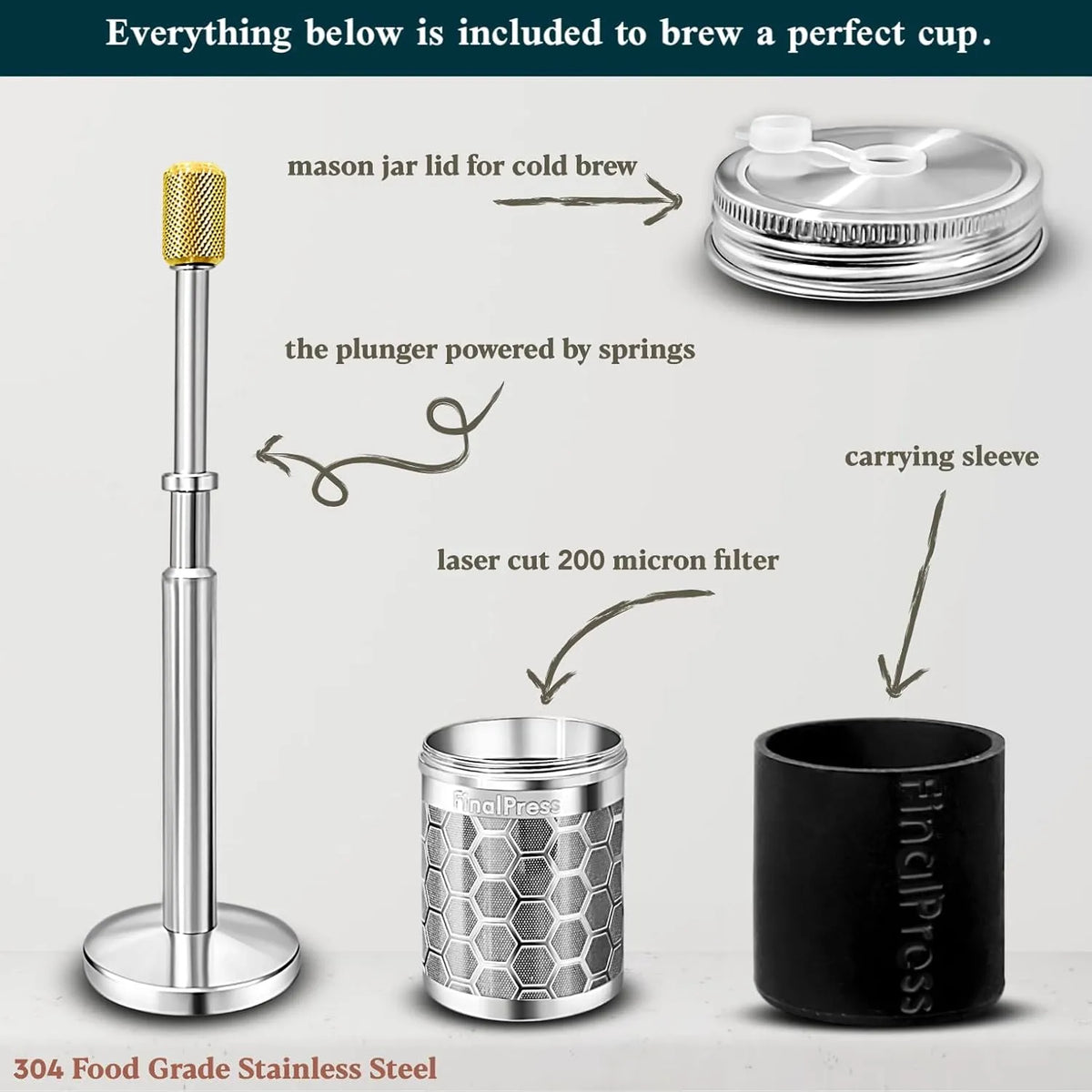Premium Coffee and Tea Maker - Press the Plunger to Brew Anywhere - 304 Stainless Steel