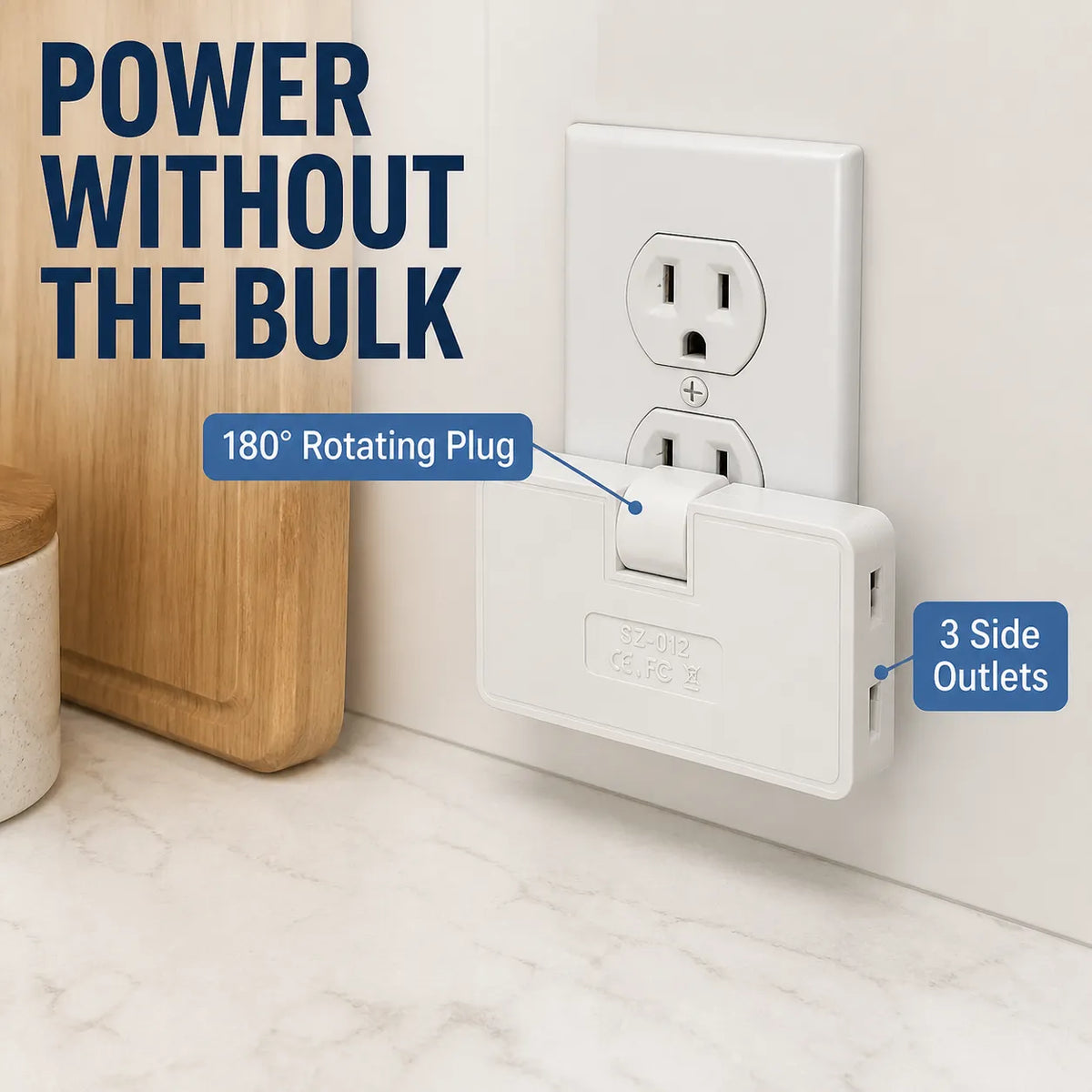 180° Rotating Flat Plug Adapter — 3-Outlet Space Saver