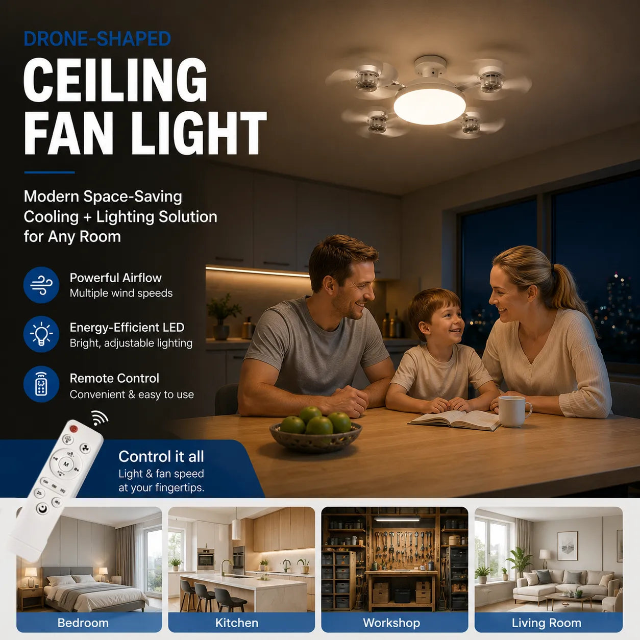 🚁 Drone-Shaped Ceiling Fan Light with Remote Control