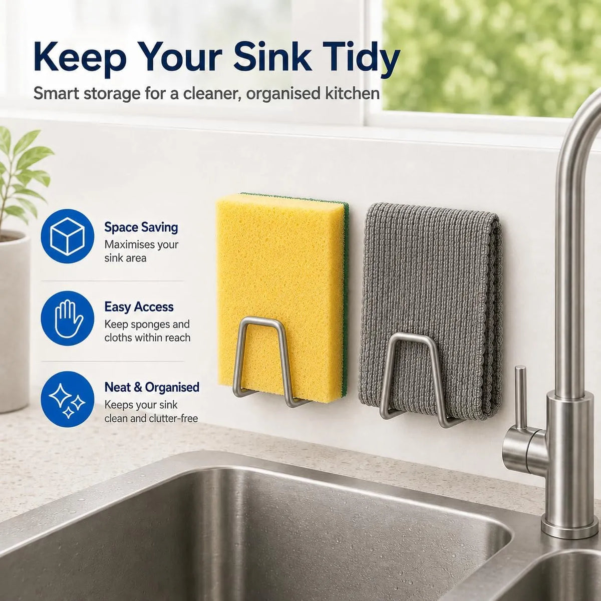 Two sponge holders keeping cleaning essentials organized beside a kitchen sink