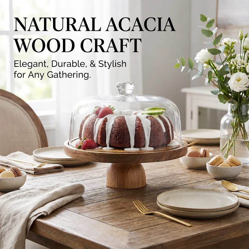 🍰 Acacia Wood Cake Stand with Dome Lid