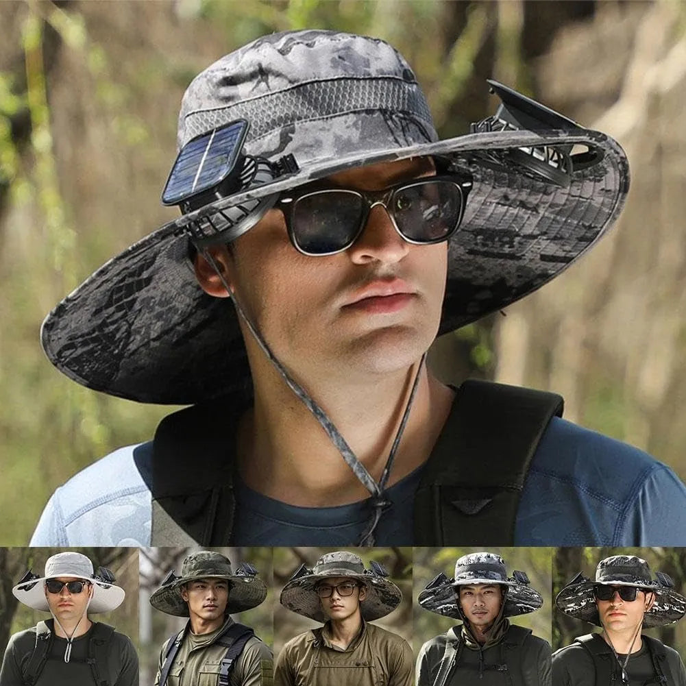 Wide Brim Sun Hat with Dual Solar-Powered Fans