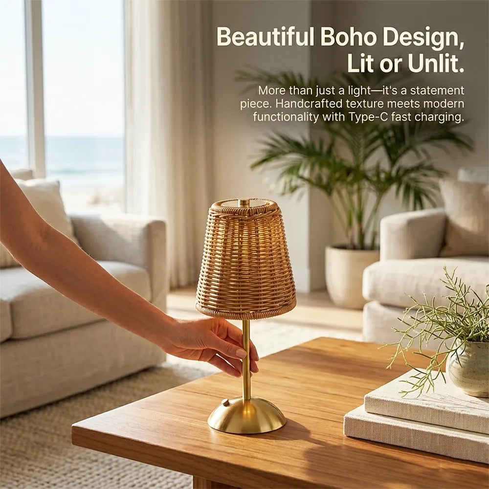 🌿Cordless Rattan Table Lamp – Rechargeable Boho LED Bedside Lamp