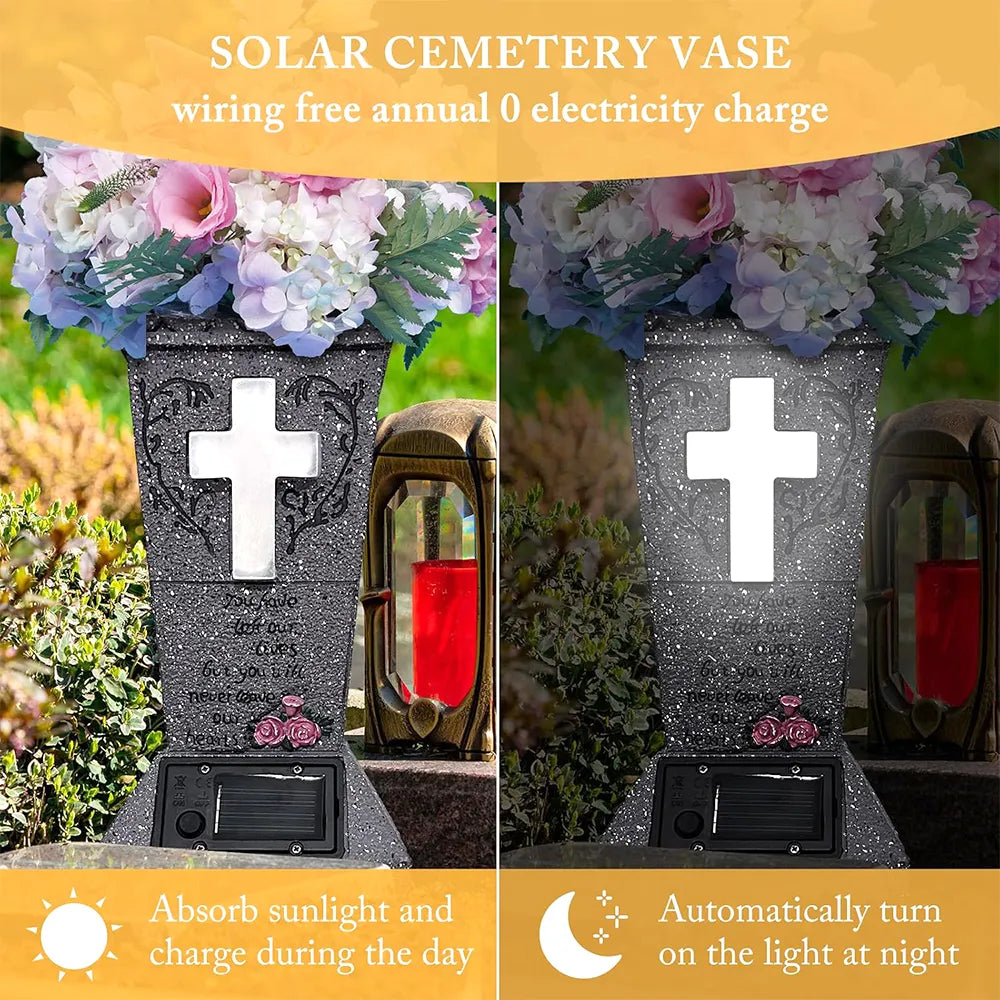 🕊️ Solar Cemetery Vase with LED Cross Light 🌿✨