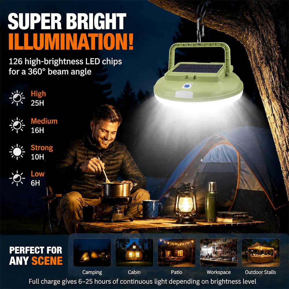 ☀️ Solar-Powered Camping Light – 126 LED Rechargeable Tent Light（Equipped with battery）