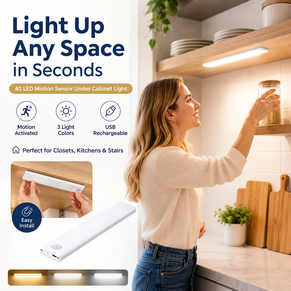 💡40 LED Motion Sensor Under Cabinet Light – USB Rechargeable Wireless Closet & Cabinet Lighting