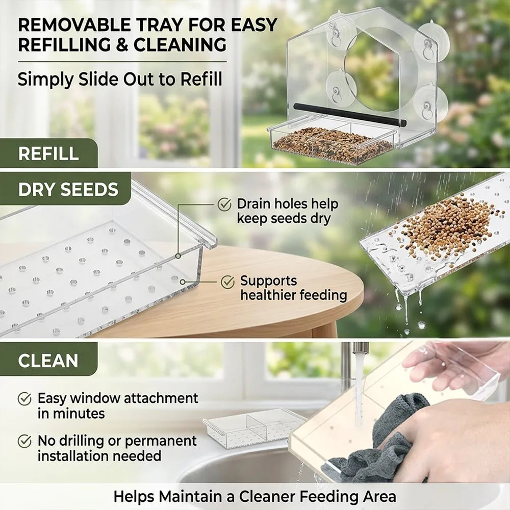 🐦 Acrylic Window Bird Feeder – Clear Bird House with Strong Suction Cups & Removable Seed Tray