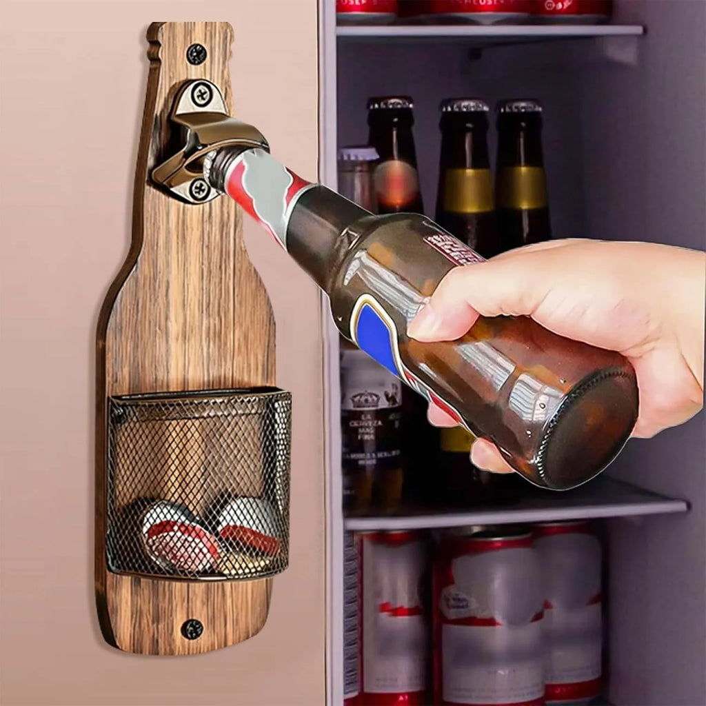 Rustic Wall-Mounted Bottle Opener with Cap Catcher