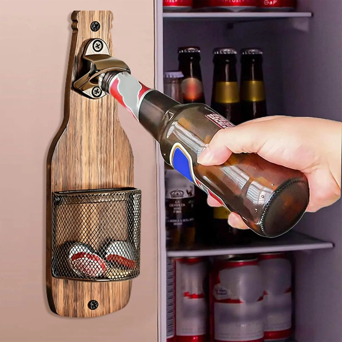 Rustic Wall-Mounted Bottle Opener with Cap Catcher