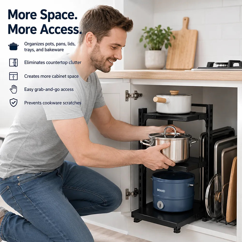 😃3-Tier & 5-Tier Carbon Steel Storage Rack for Pots, Pans, Lids & Cookware