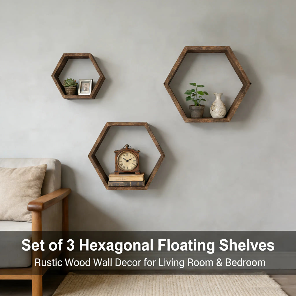 Set of 3 Hexagonal Floating Shelves – Rustic Honeycomb Wall-Mounted Storage Shelves-Perfect for Your Bedroom, Living Room, Hallway, or Office Decor