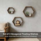 Set of 3 Hexagonal Floating Shelves – Rustic Honeycomb Wall-Mounted Storage Shelves-Perfect for Your Bedroom, Living Room, Hallway, or Office Decor