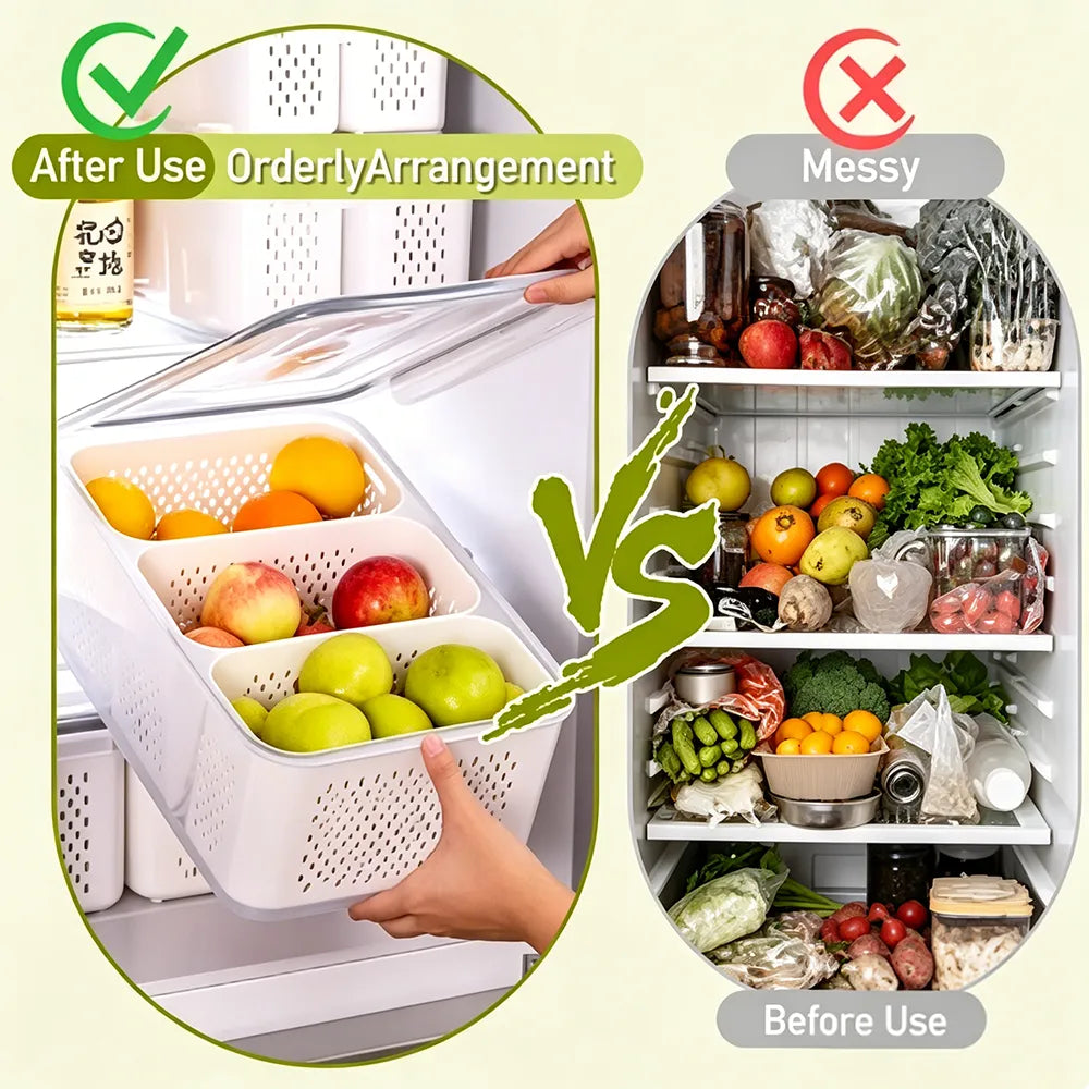 🥗 3-Compartment Refrigerator Crisper Container with Lid & Drain Basket