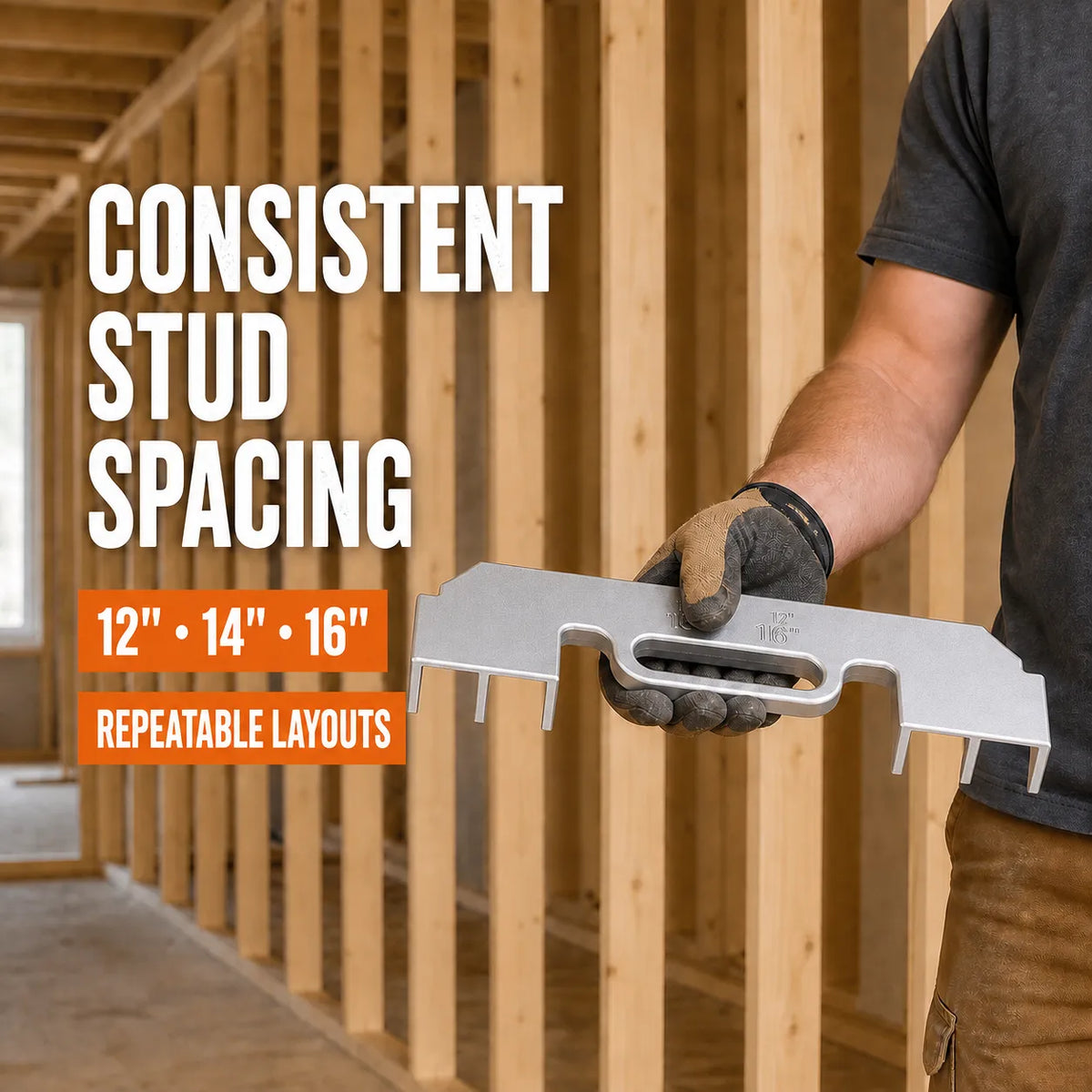 Open-backed multi-spacing framing jig with evenly laid out wall studs