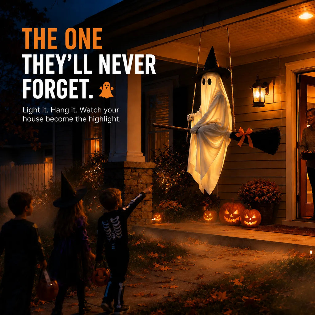 Light-Up Flying Broom Ghost Halloween Decoration