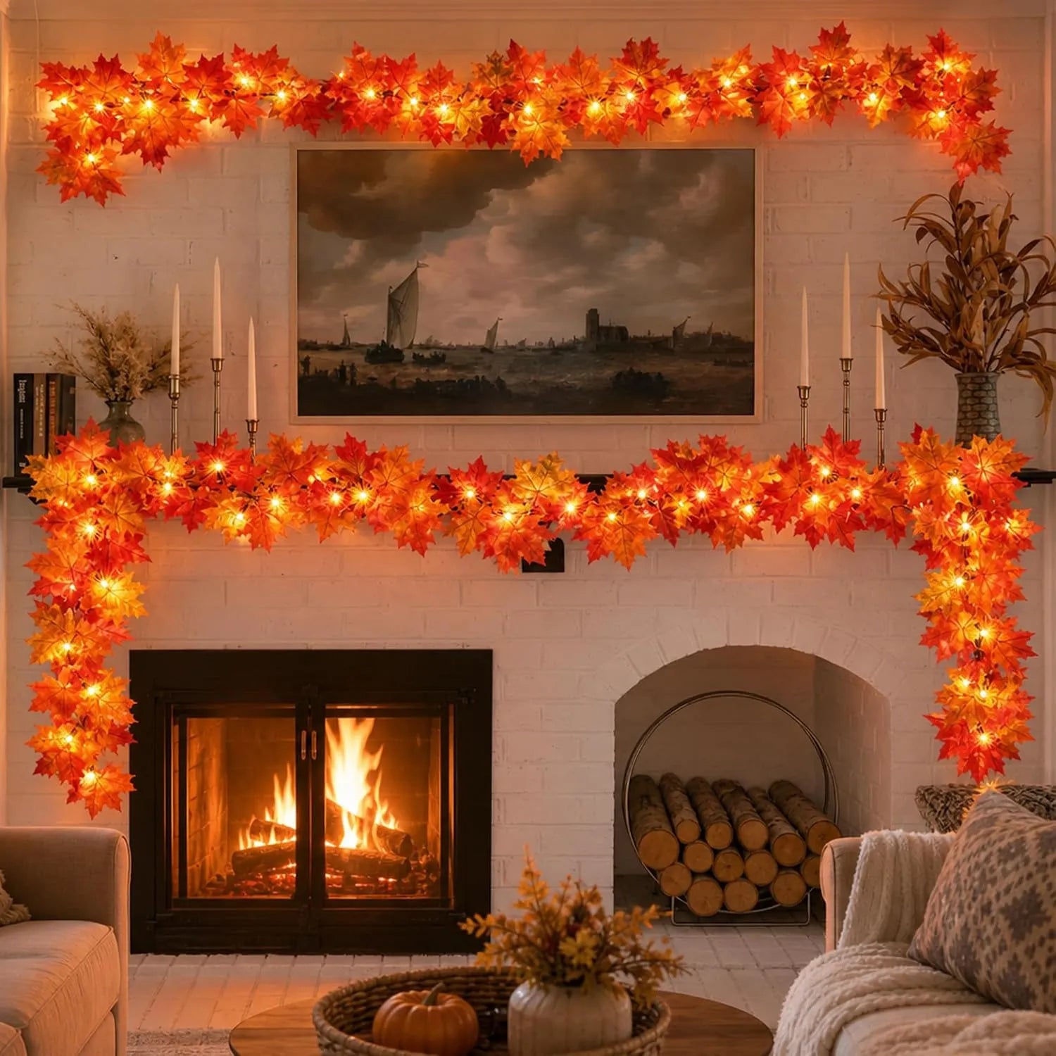 6.6 FT Lighted Fall Maple Leaf Garland – 20 Warm White LEDs
