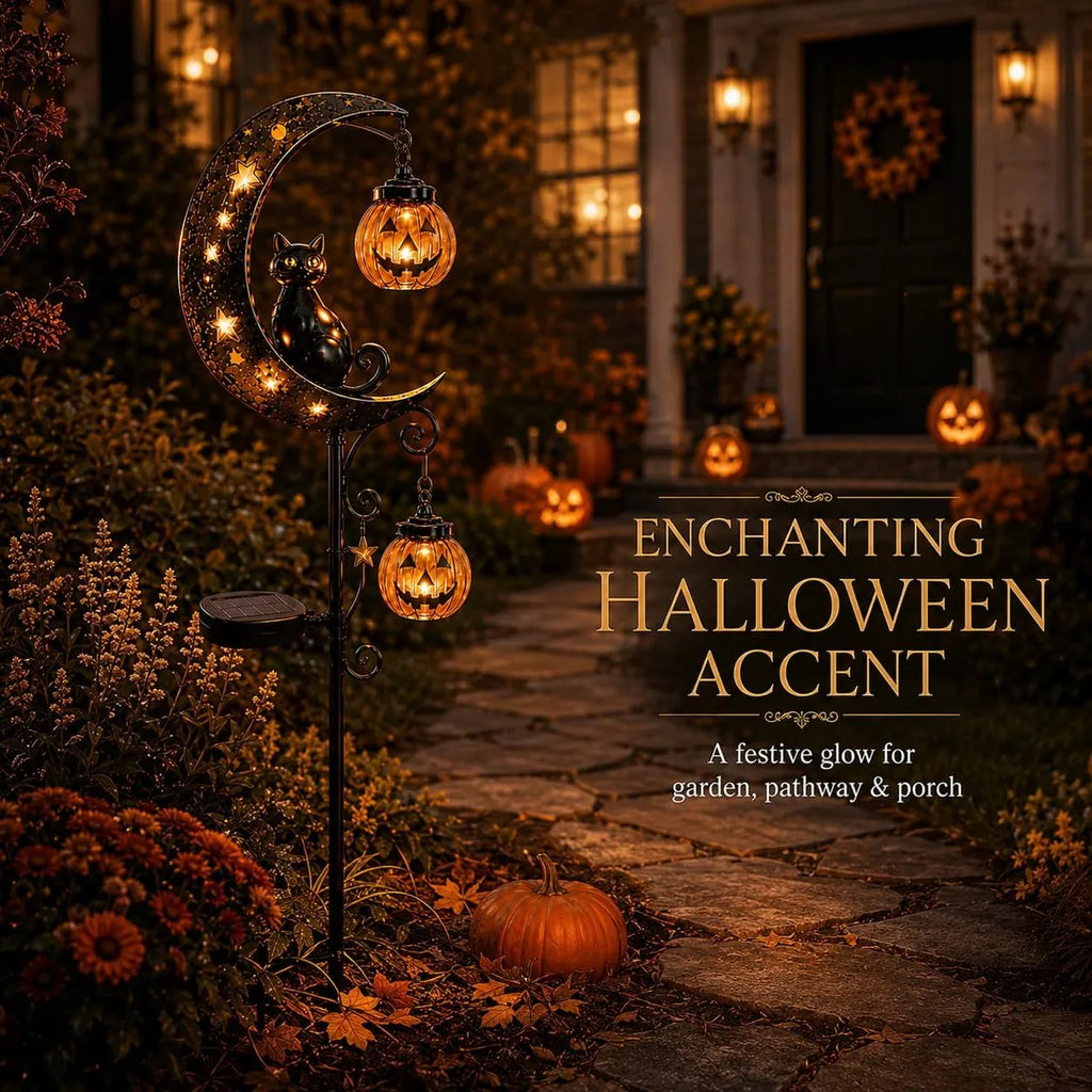 Solar Pumpkin Moon Garden Stake Light with Black Cat
