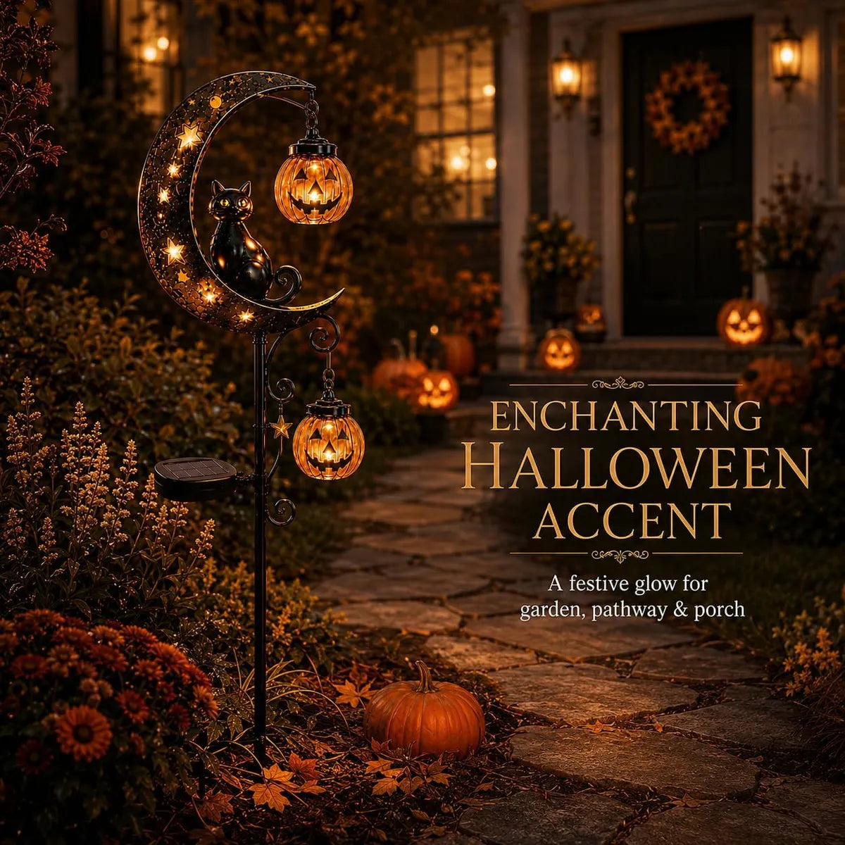 Warm glowing pumpkin and black cat crescent moon garden stake