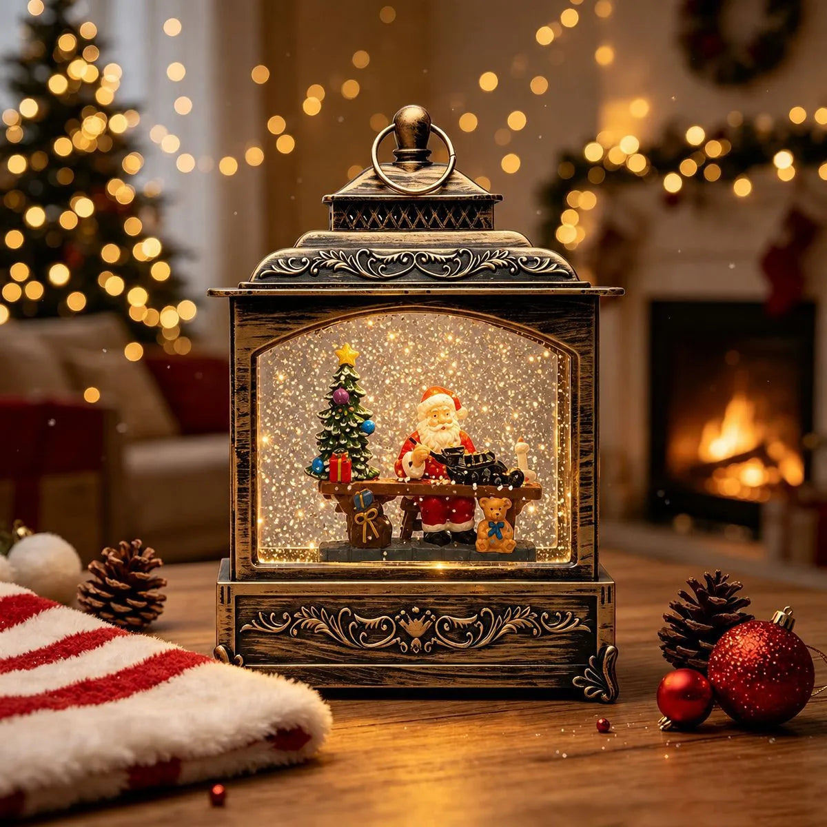 Santa workshop scene Christmas snow lantern