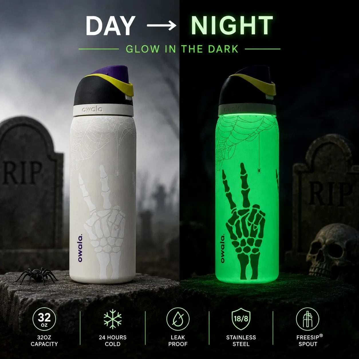 Day and night comparison of the 32 oz skeleton bottle