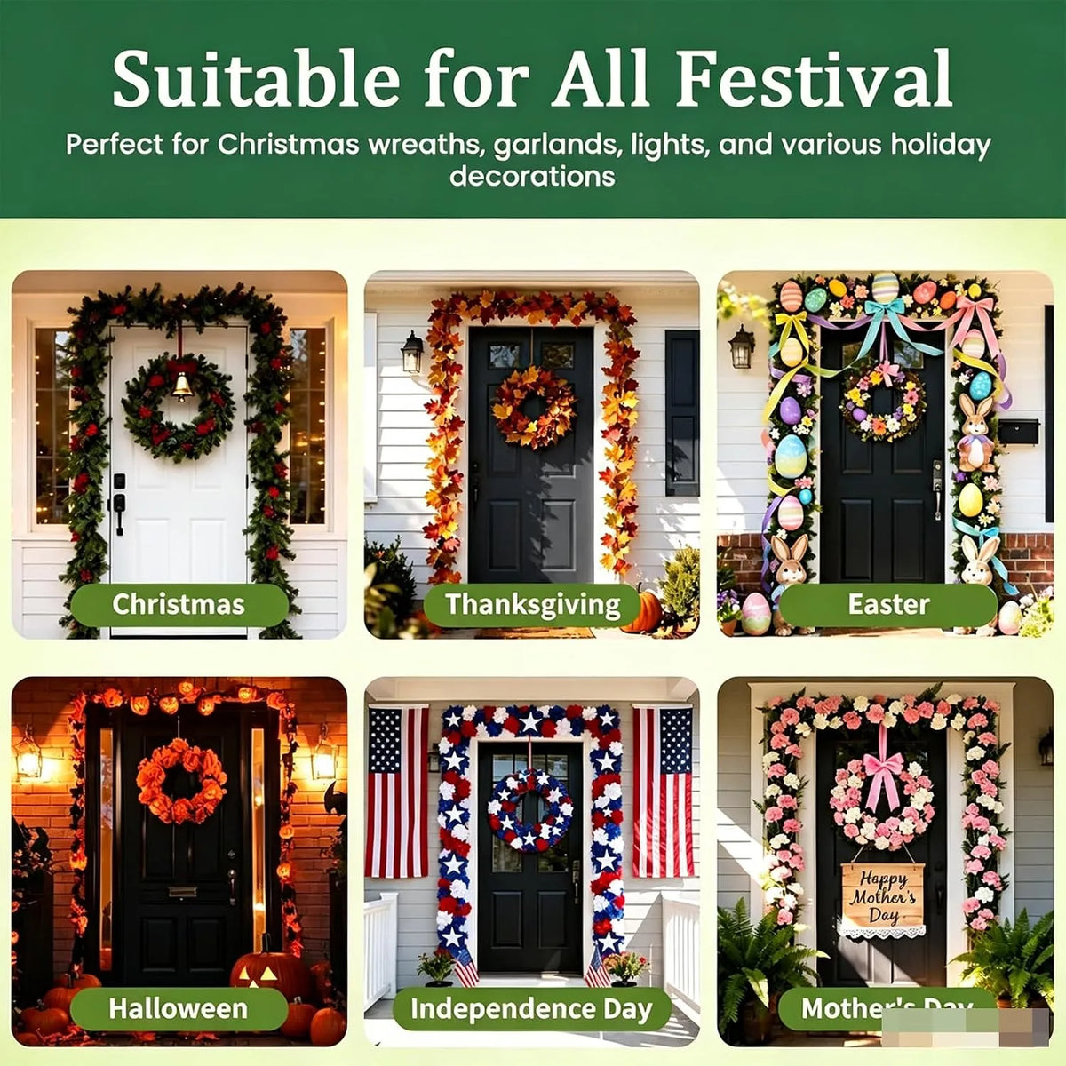 Seasonal front-door decorating ideas for Christmas, fall, spring, Halloween, and summer