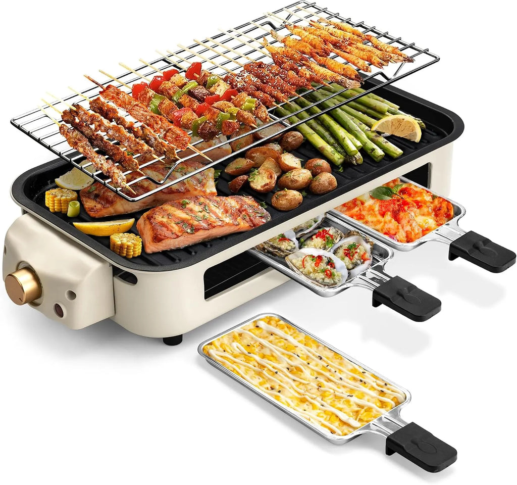 Double-Decker Indoor Electric Grill with 3 Personal Pans