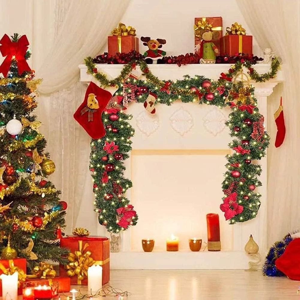 Pre-Lit Christmas Garland with Red Poinsettias & Warm Lights