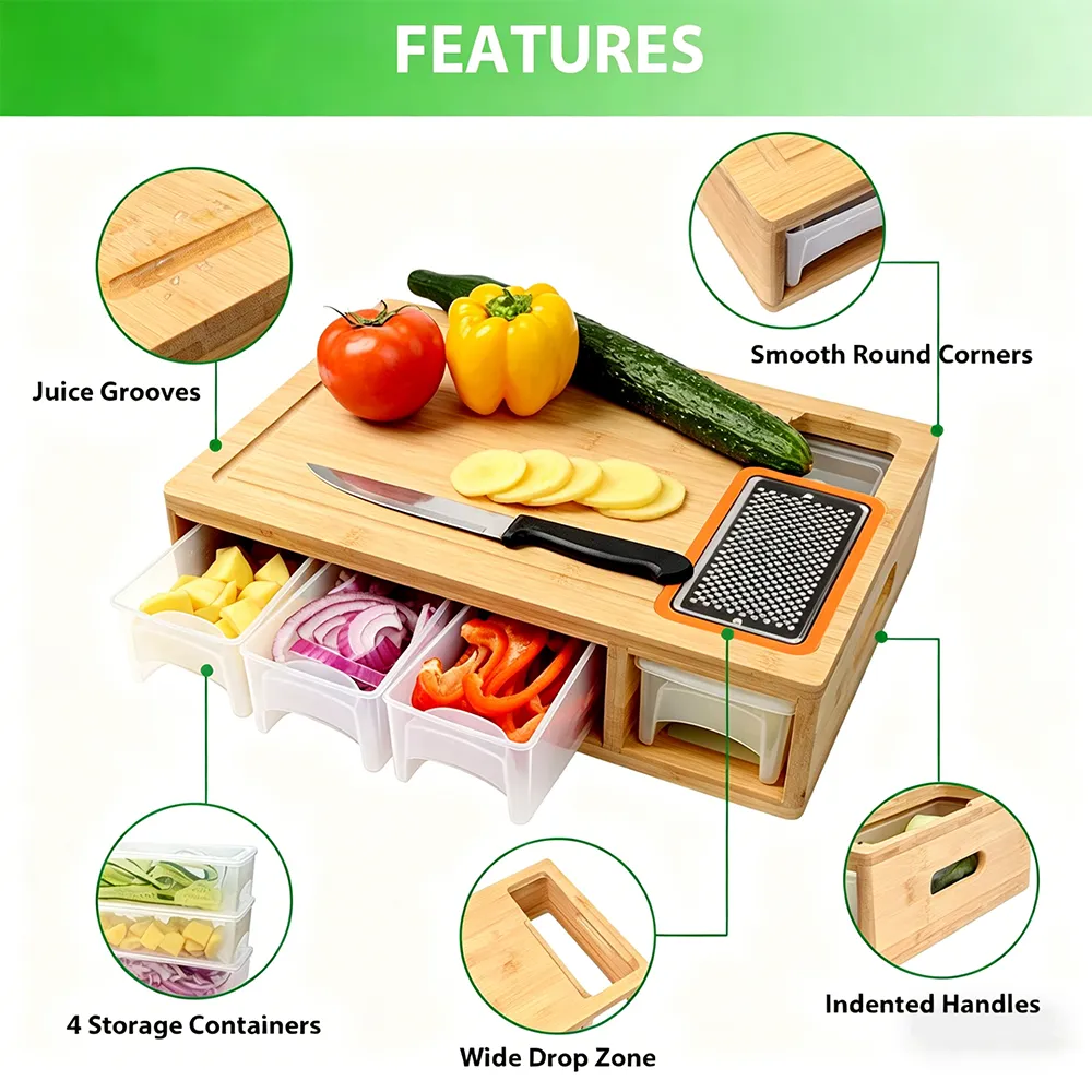 Bamboo Cutting Board Set with Containers & Graters