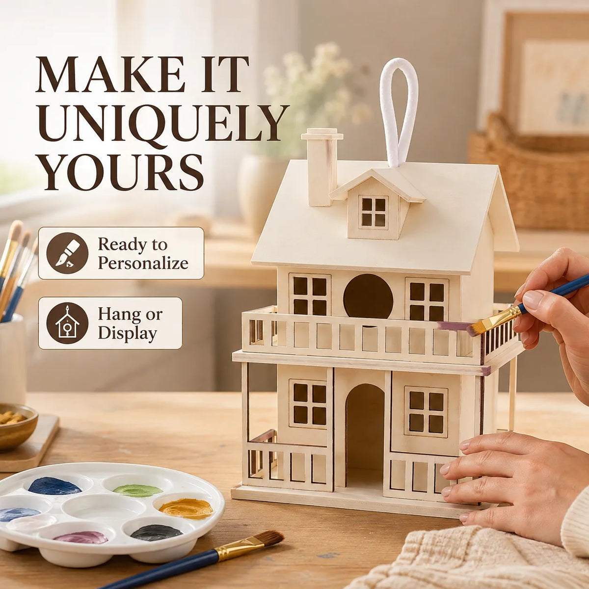 Adult personalizing an unfinished two-story wooden birdhouse