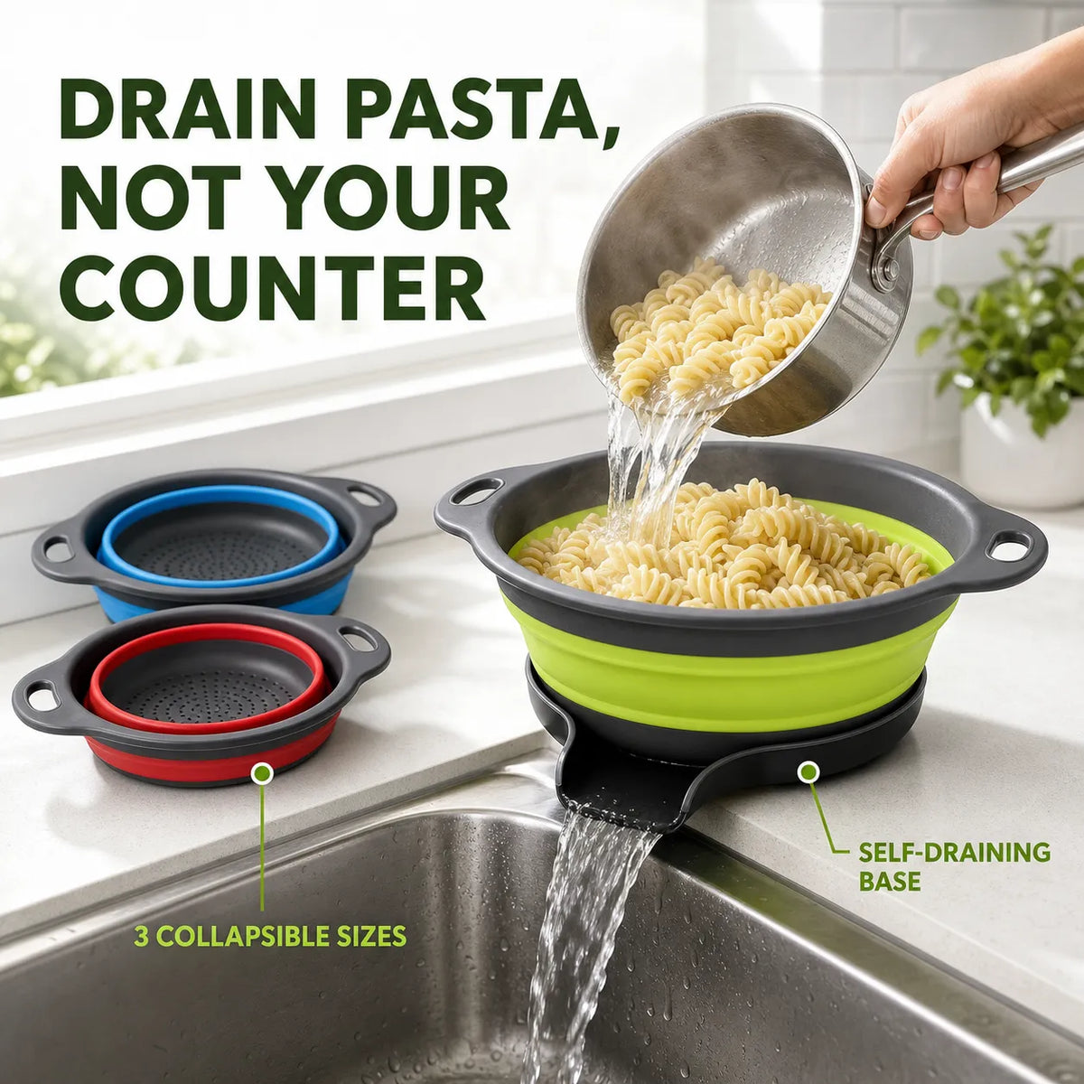 4-Piece Collapsible Colander & Self-Draining Base Set