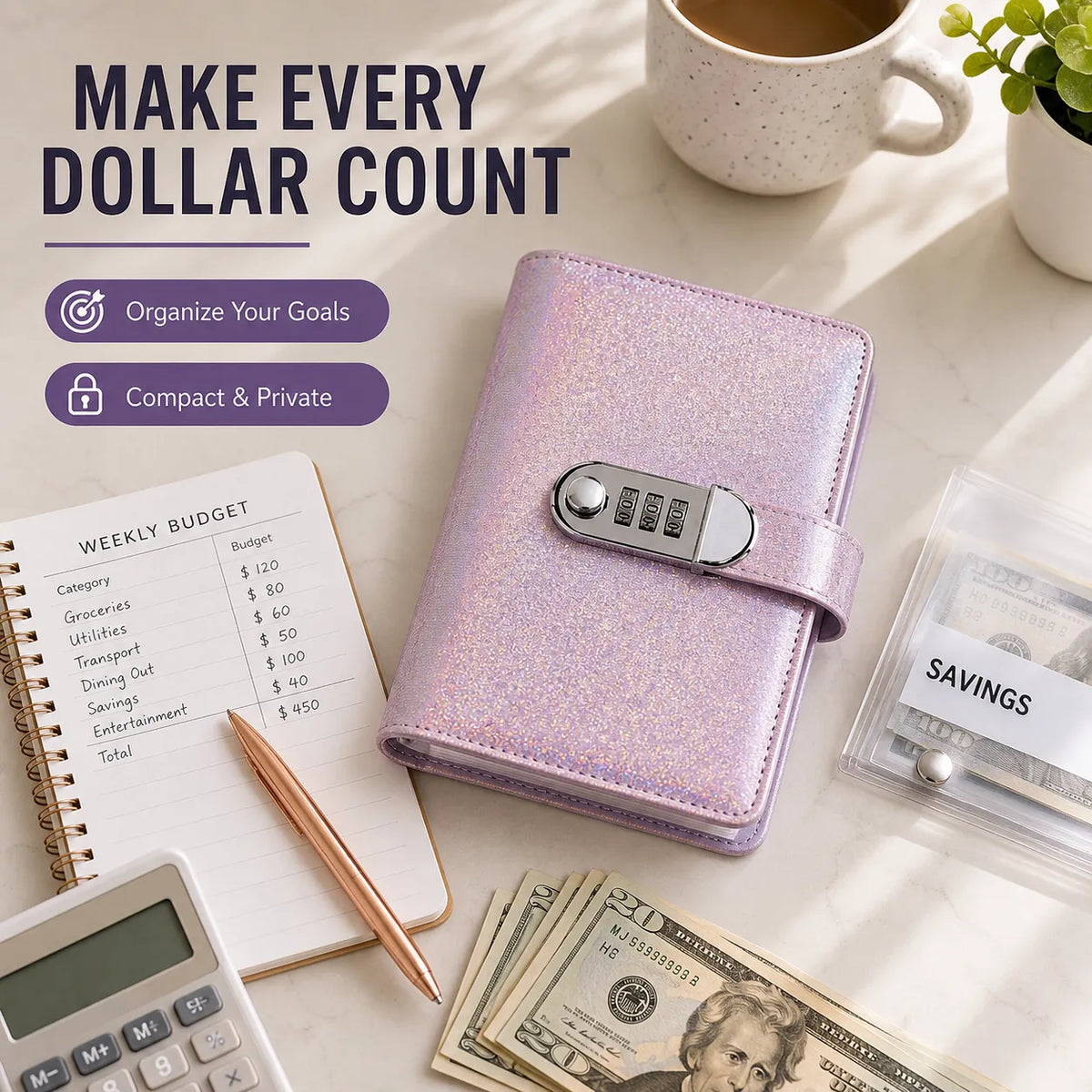 Organizing money goals with a purple lockable cash binder