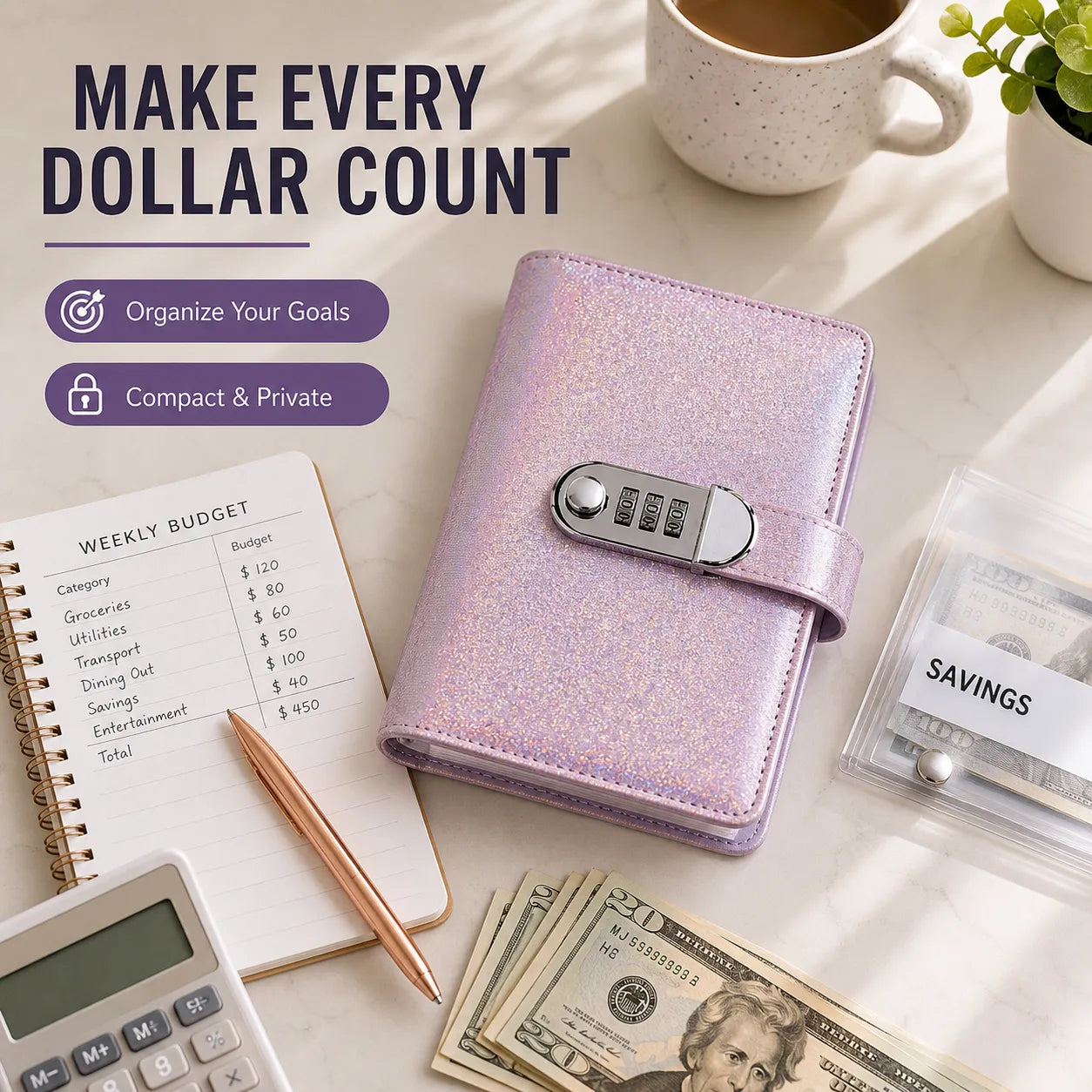 Holographic Glitter Locking Cash Savings Binder