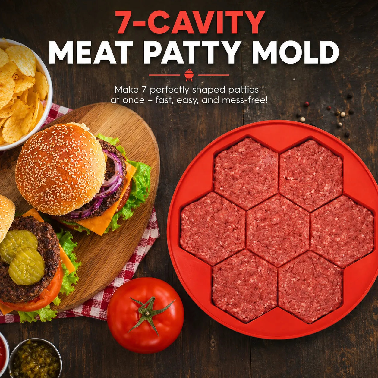 Silicone Hexagon Patty Freezer Mold with Lid – 7 or 8 Cavities