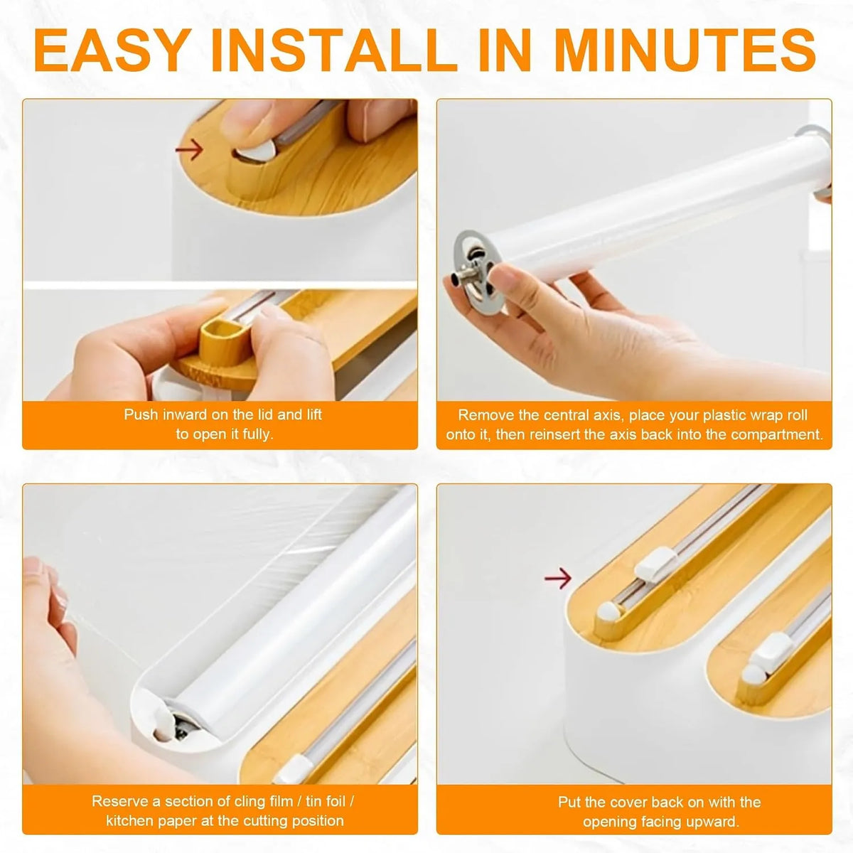Three-step setup guide for the wrap dispenser