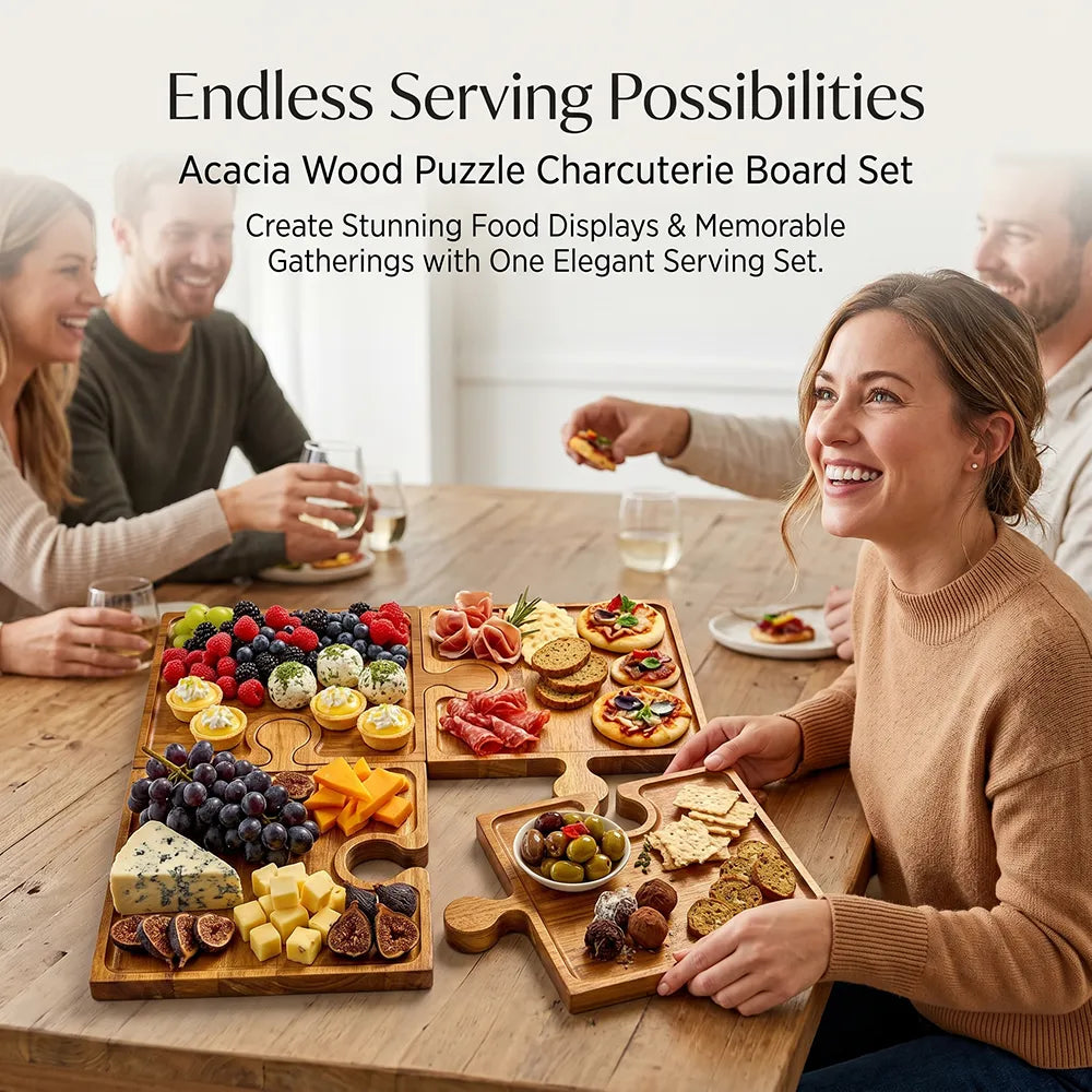 🧩 Acacia Wood Puzzle Charcuterie Board Set