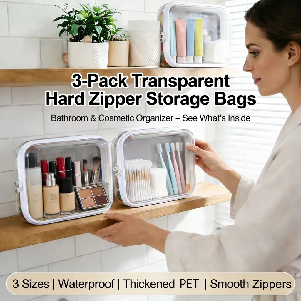 3-Pack Transparent Hard Zipper Storage Bags – Keep Your Essentials Organized, Wherever You Go! ✨