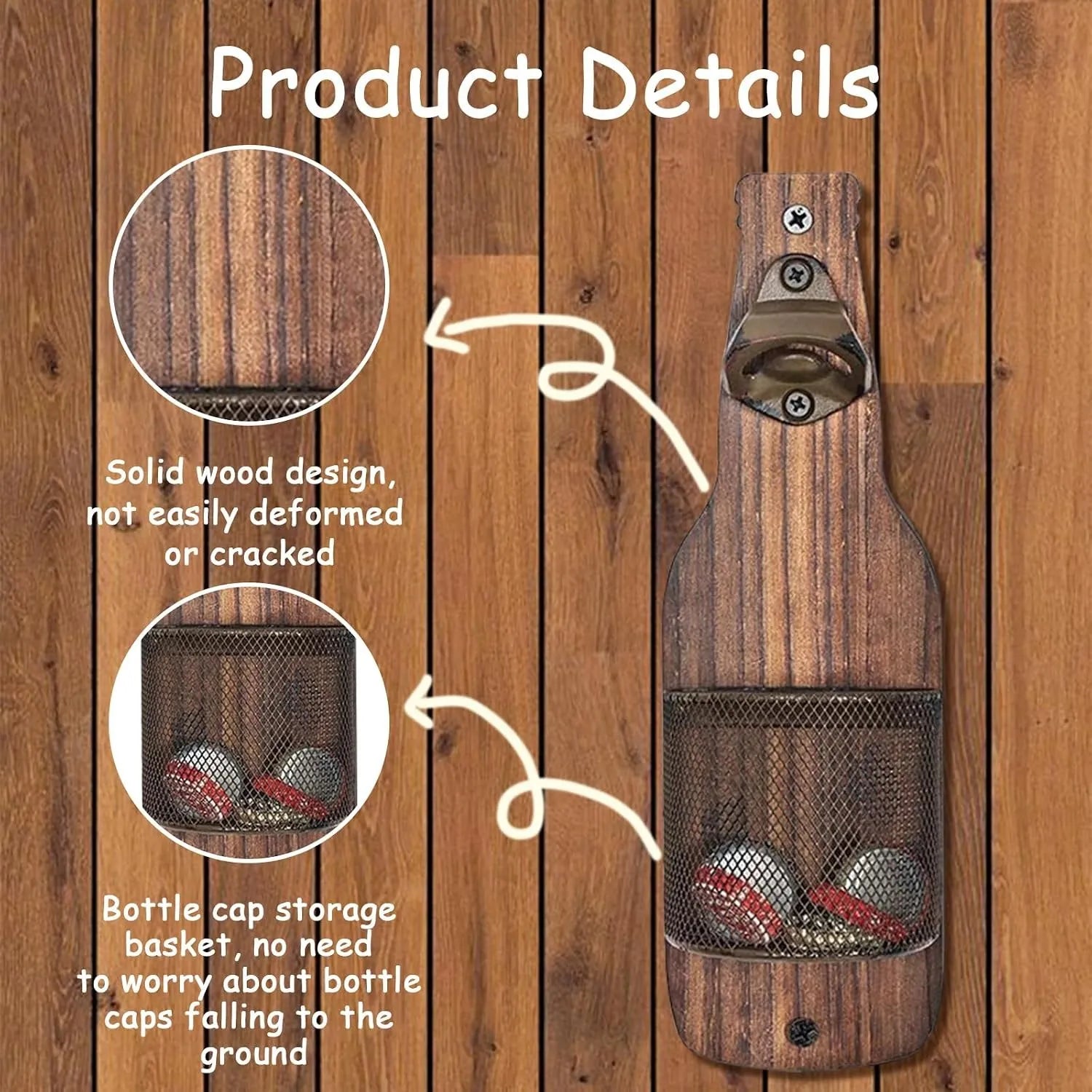 Rustic Wall-Mounted Bottle Opener with Cap Catcher