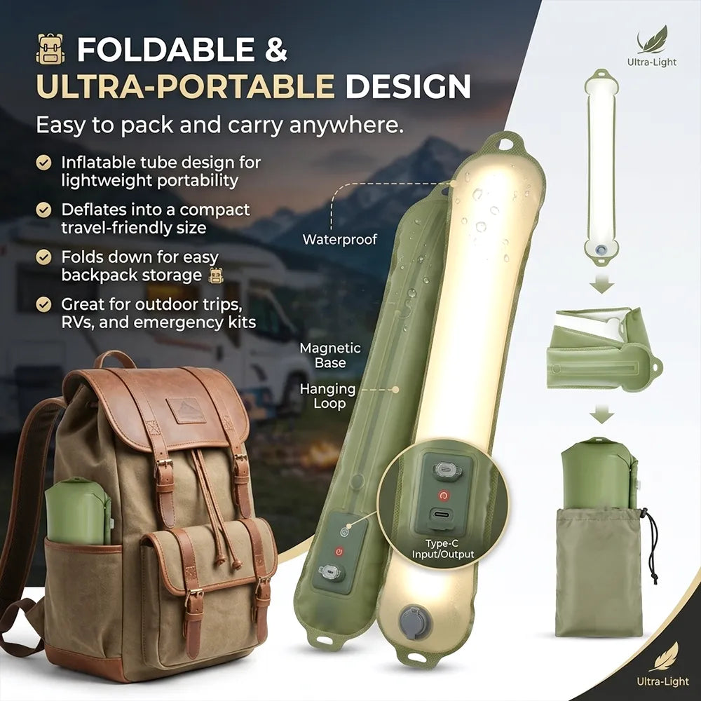 🏕️ Rechargeable Camping Light Strip – Foldable Waterproof LED Tent Light with Type-C Charging
