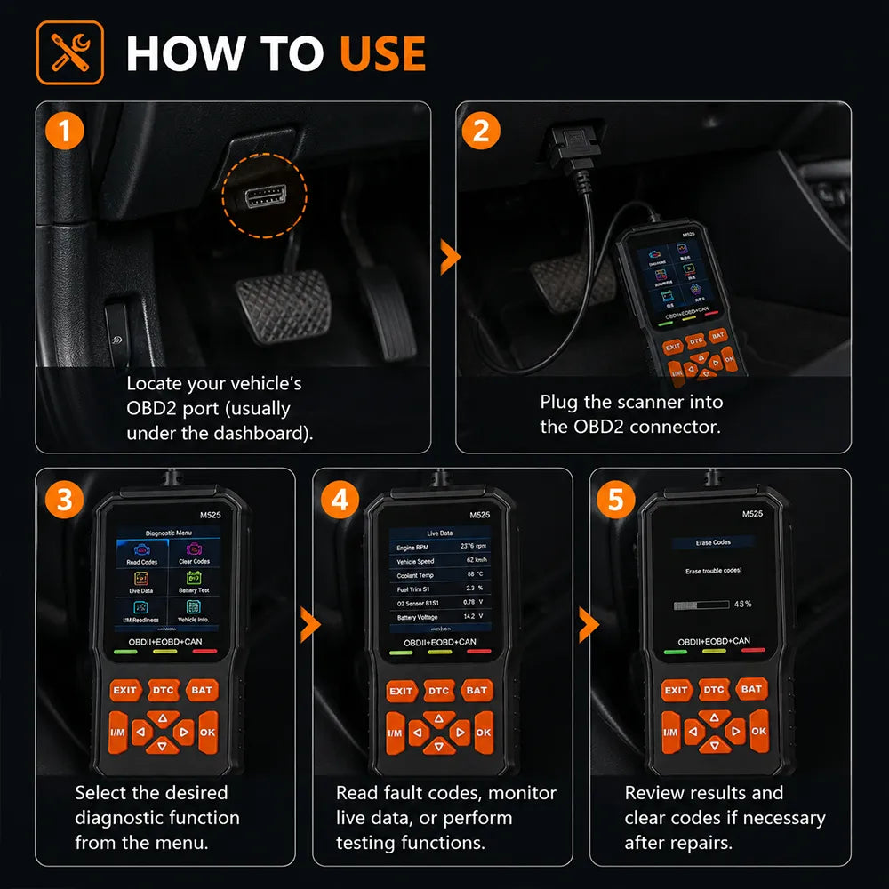 🔧M525 OBD2 Scanner – Advanced Engine Diagnostic Tool with Battery Test & Live Data