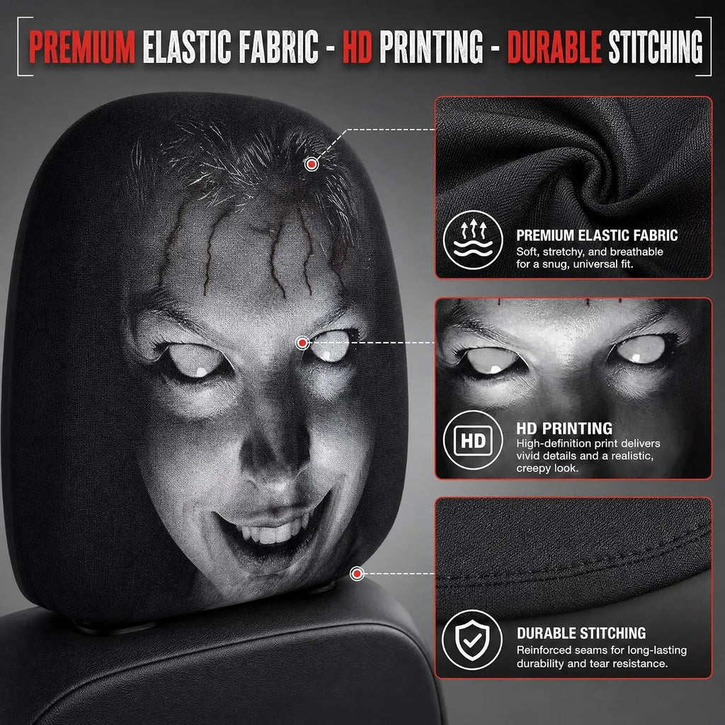 Scary Face Car Headrest Covers — 3 Slip-On Horror Designs