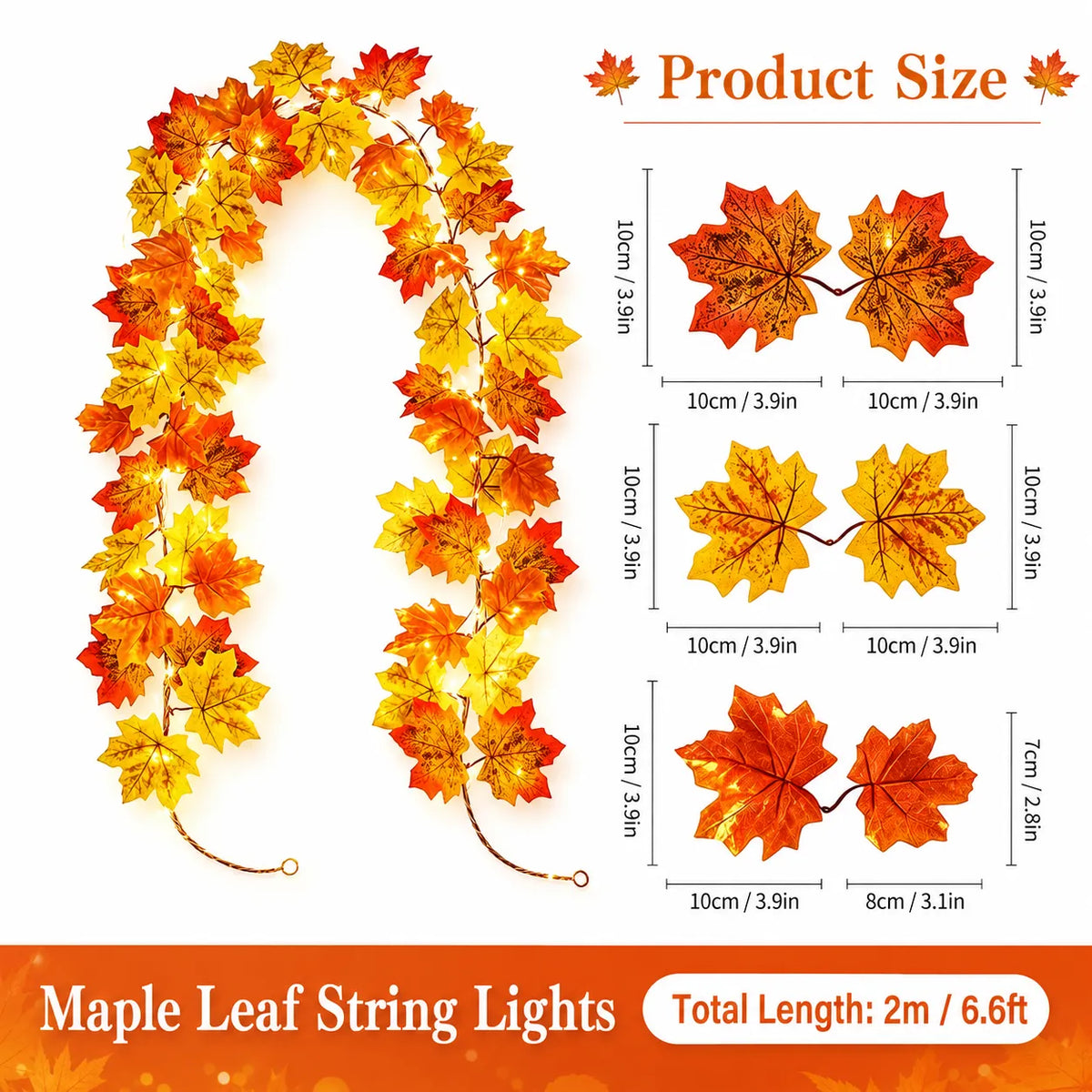 6.6 FT Lighted Fall Maple Leaf Garland – 20 Warm White LEDs